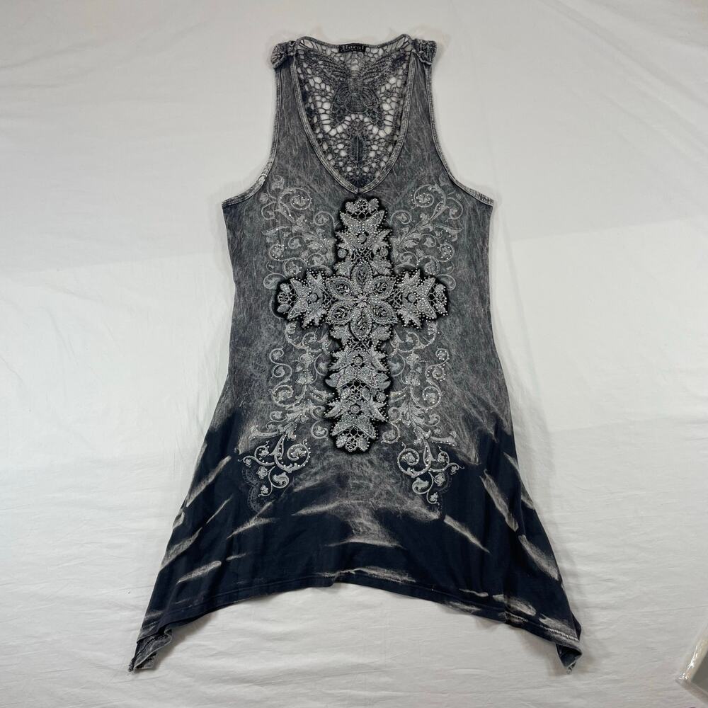 Vocal Embellished Cross Tank Top Lot 3 Blue Black Gray Crochet Lace Women’s S - Picture 2 of 11